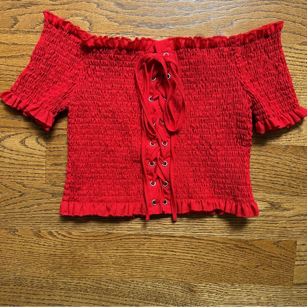 Women’s SHEIN red frill trim smocked off shoulder lace up crop top size S